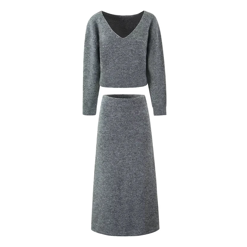 YENKYE Women Casual Sexy V Neck Long Sleeve Knitted Pullovers Autumn Winter Gray Sweaters