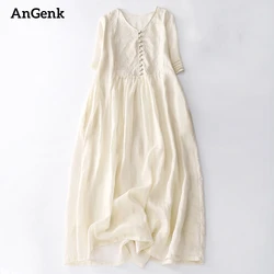 Summer Cotton Solid Color Vintage Dresses For Women 2026 New Casual Long Holiday Beach Dress Femme Robe Vestidos Elegant Clothes