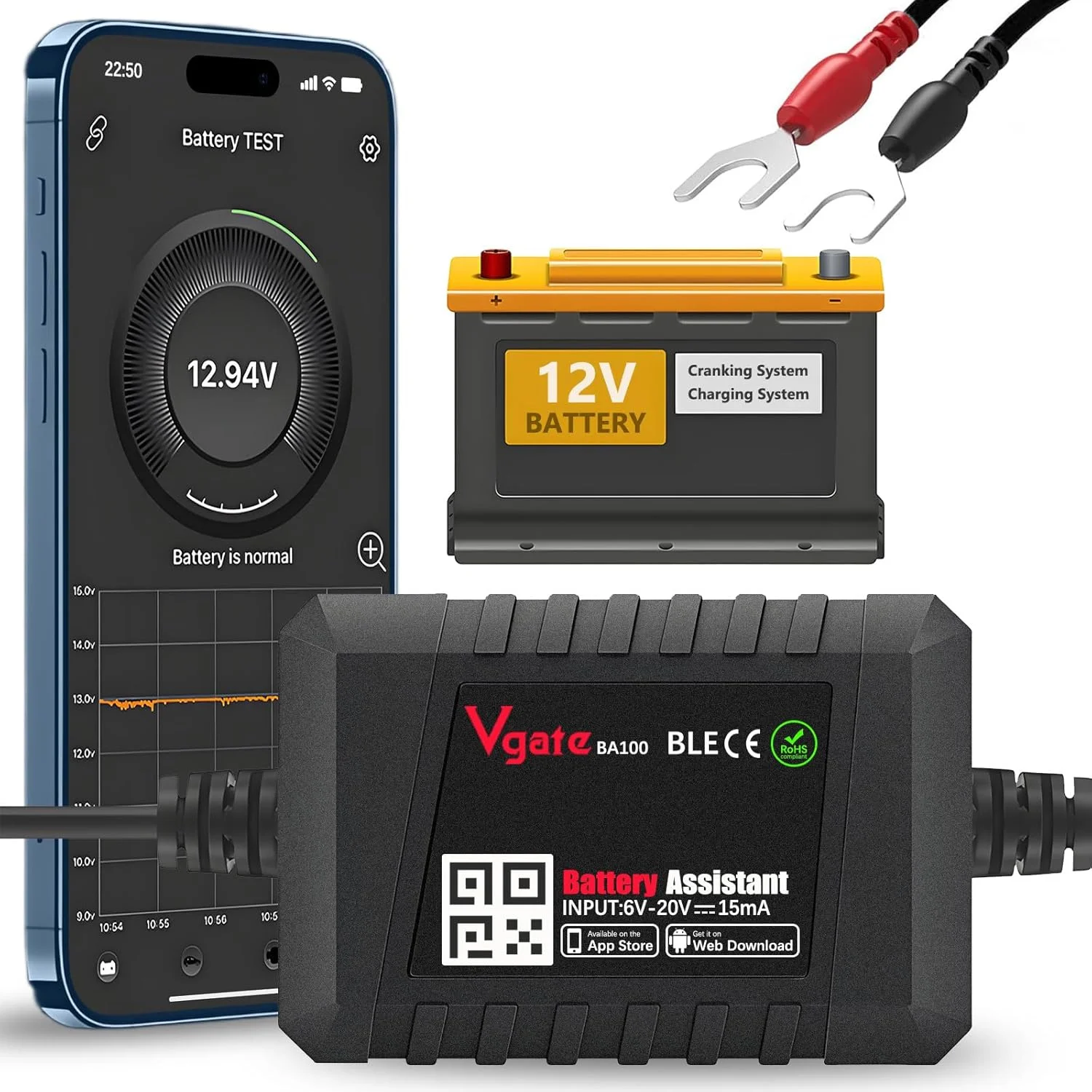 Vgate ba100 12v testador de bateria de carro para ios android automotivo bluetooth 4.0 testador de carga de bateria testador analisador de circuito