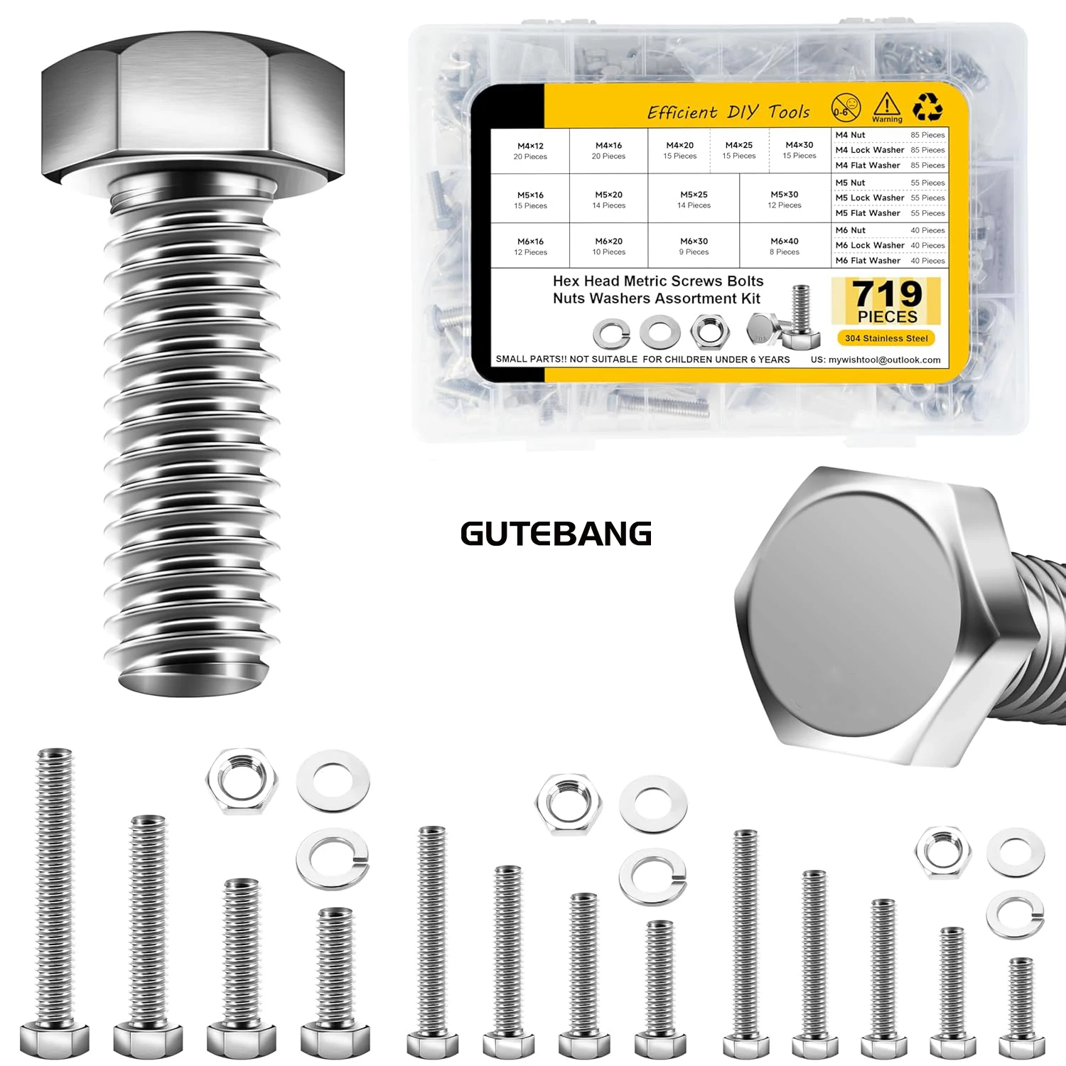 719-Piece M4, M5, M6 Bolt and Screw Set, Stainless Steel, Nut and Bolt Set, Fully Threaded, Corrosion-Resistant and Rust-Proof