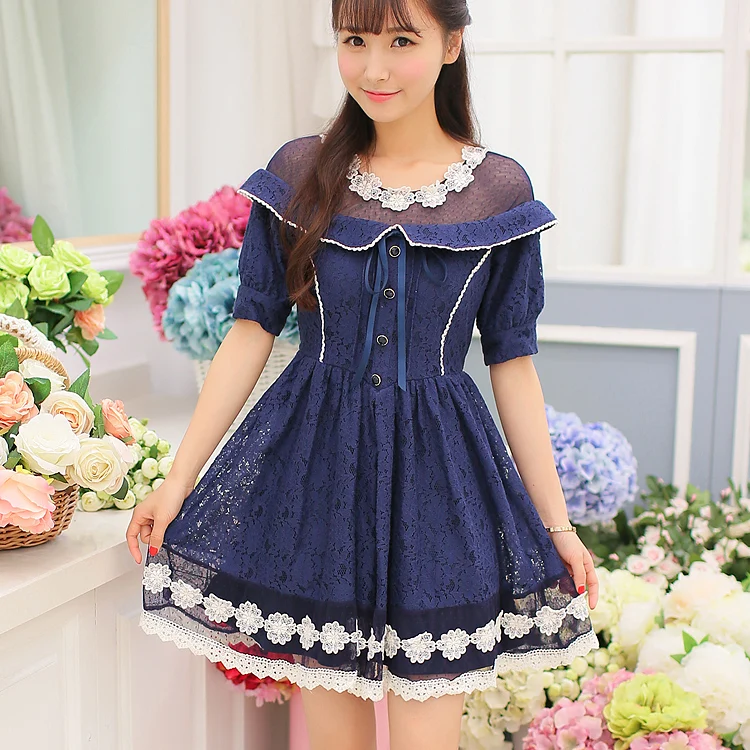 Japan Liz Lisa Lolita Lace Mesh Hollow Out Half Sleeve Courtly Style Mini Dress