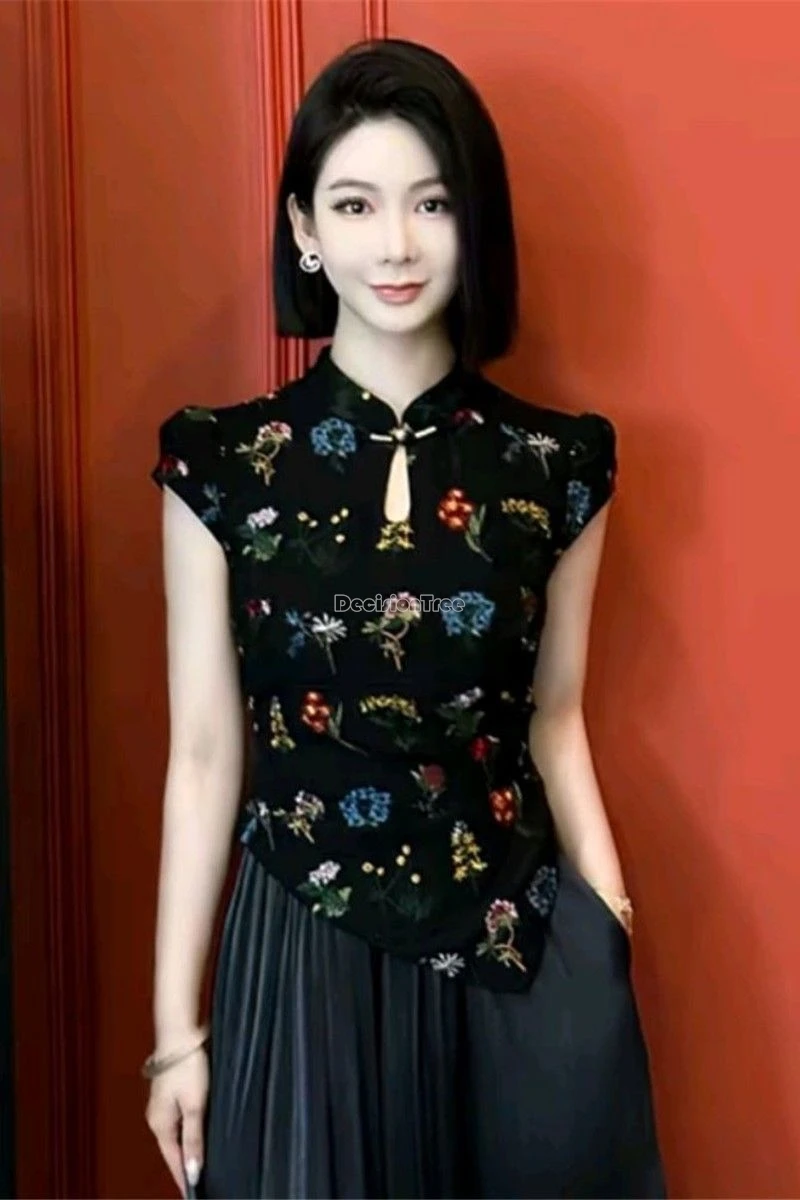 

2025 new summer chinese retro fashion style printed pattern slimming cheongsam top short sleeve stand collar short qipao blouse