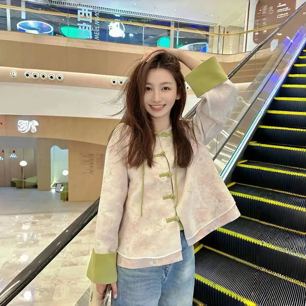 

New Chinese Style Double Layer Embroidered Satin European Organza Button Jacket Green Fattened Red Thin Early Autumn Hang Shirt