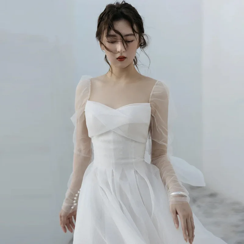

French Style Light Wedding Dress New Bride Temperament Vintage Simple Super Fairy Long Sleeve Organza Elegant White Train
