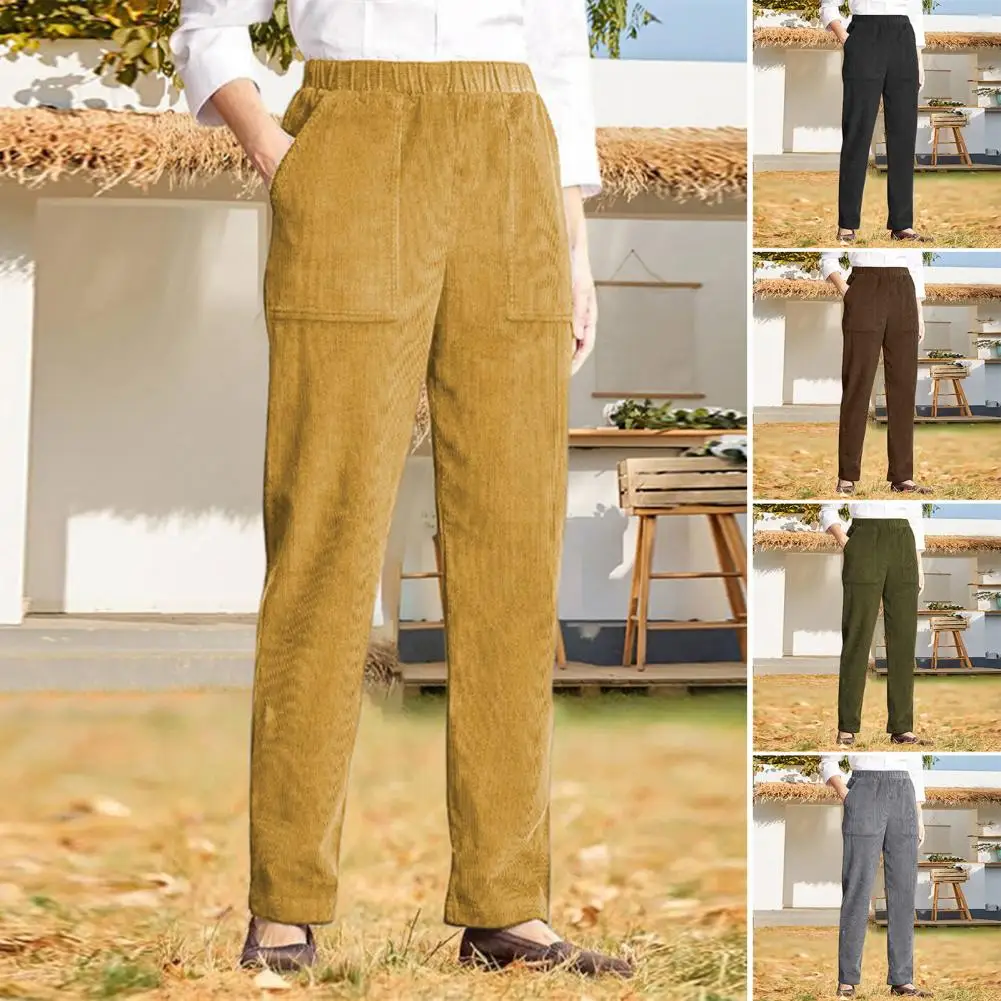 Pantaloni da donna Pantaloni elastici a vita media Pantaloni casual a gamba larga con tasche Pantaloni larghi tinta unita de mujer