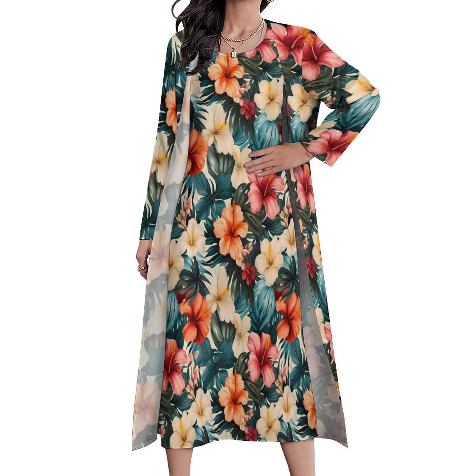 Abito a fiori tropicali Stampa vintage Abito maxi sexy Street Style Abiti lunghi casual Autunno Manica lunga Abbigliamento personalizzato Taglia grande