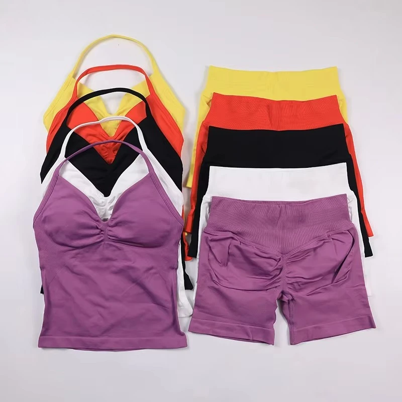 2 قطعة مجموعة اليوغا Strappy سترة والسراويل النساء المقاومة التدريب سلس مبطن الرسن تانك القمم قطب بعقب رفع الصالة الرياضية مجموعة تي شيرتات قصيرة للأطفال