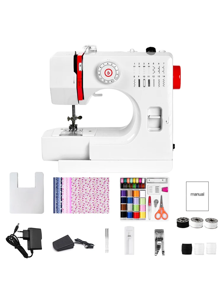 DIY 728 Mini Elektrische Nähmaschine mit 14 Stichen, Verlängerungstisch, Baumwollstoff und Nähset, Rückwärtsnähen und 14 Arten von Innennahtarten, EU-Version