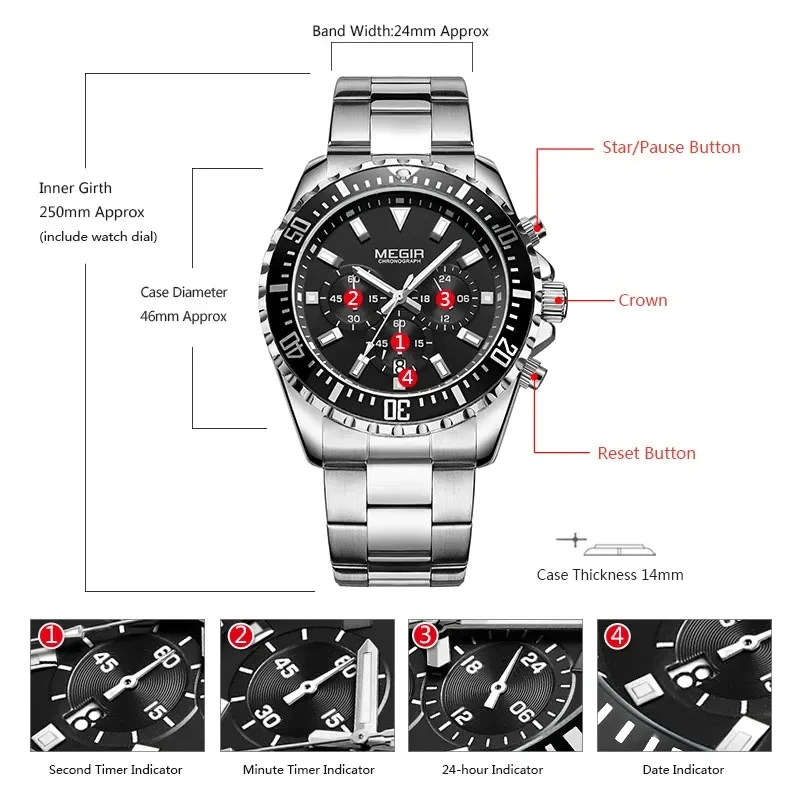 ジャイアント-メンズビジネスリストウォッチ、ステンレス鋼、防水、発光、クロノグラフ、クォーツ、3つ目、スポーツ、2064