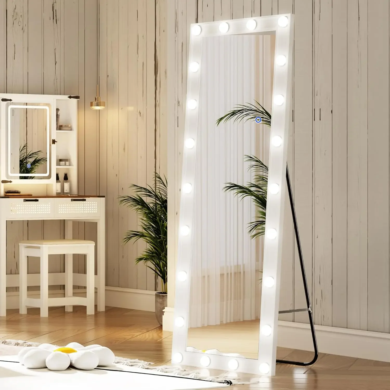 Full Length Mirror with Lights, Hollywood Floor Full Body Mirror with Stand, Standing Tall Big Size Mirror for Large Bedroom