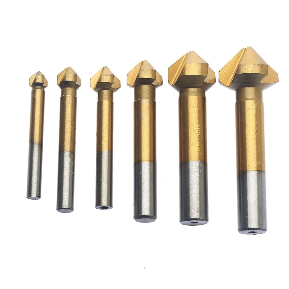 6pcs/Set 3 Flute HSS Hard Metals Titanium Three Edge Chamfer Chamfering End Mill Cutter Bit Drill Bit Countersink Set wholesale