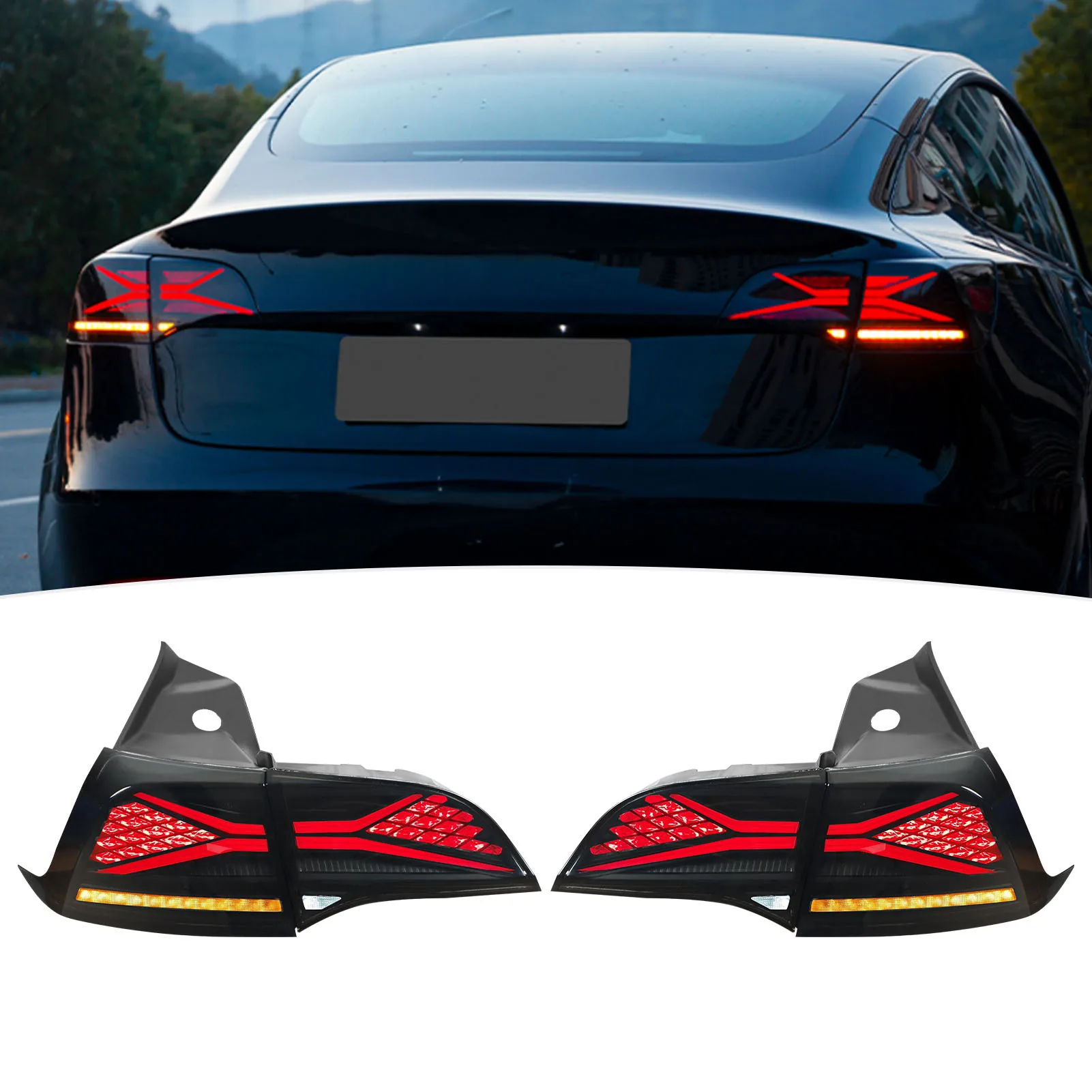 

For Tesla Model 3 2017 2018 2019 2020 2021 2022 1 Pair Left+RIight LED Tail Light Assembly Dynamic Turn Signal Brake Lamp