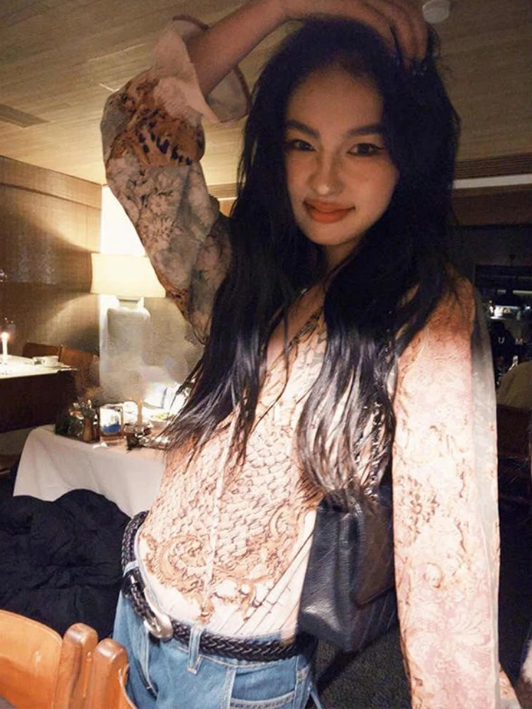 2025 mulheres y2k estética retalhos impressão camisa grunge harajuku alargamento manga blusa sexy streetwear vintage plissado blusas