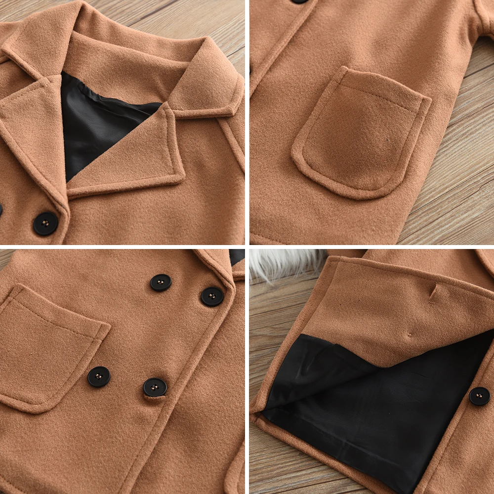 2-6-year-old Children\'s Korean Autumn and Winter Coat Wool Jacket Long Double Breasted Warm Flip Collar Pocket Jacket