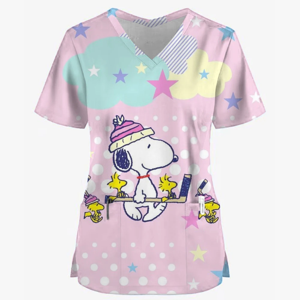 Snoopy print Pet Hospital Work Clothes Women's Short-sleeved Tops Stretch Nurse Uniform Dental Clinic V-neck Surgical Gown cute