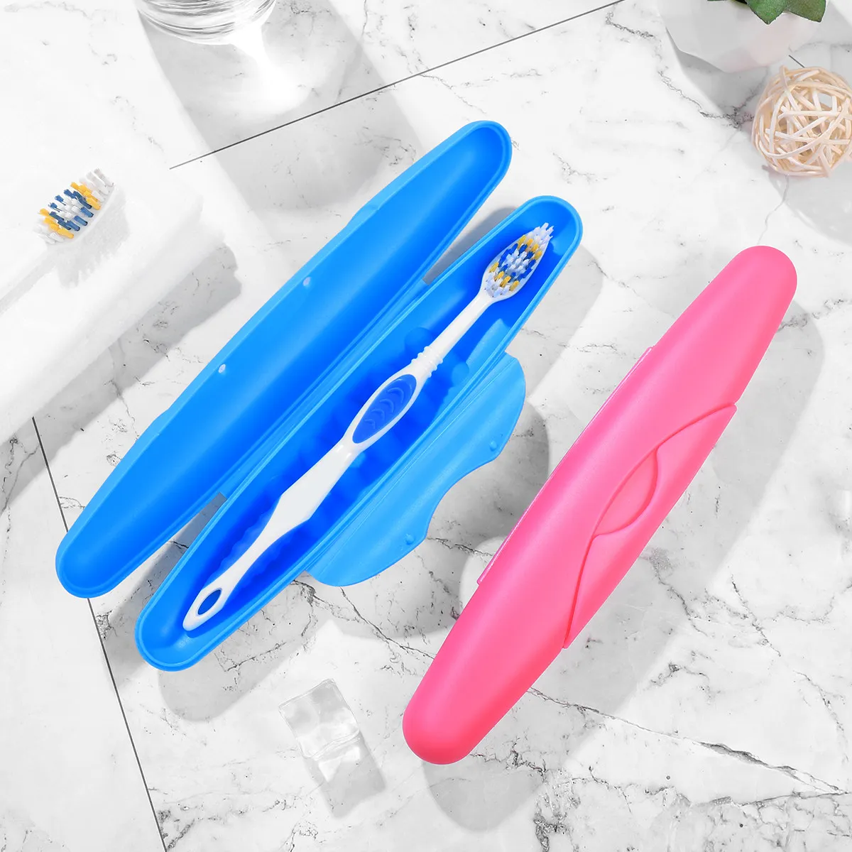 2Pcs Portable Toothbrush Box Small ABS Travel Case Lock Design Dustproof Hygiene Storage Carrier for Suitcase Bags