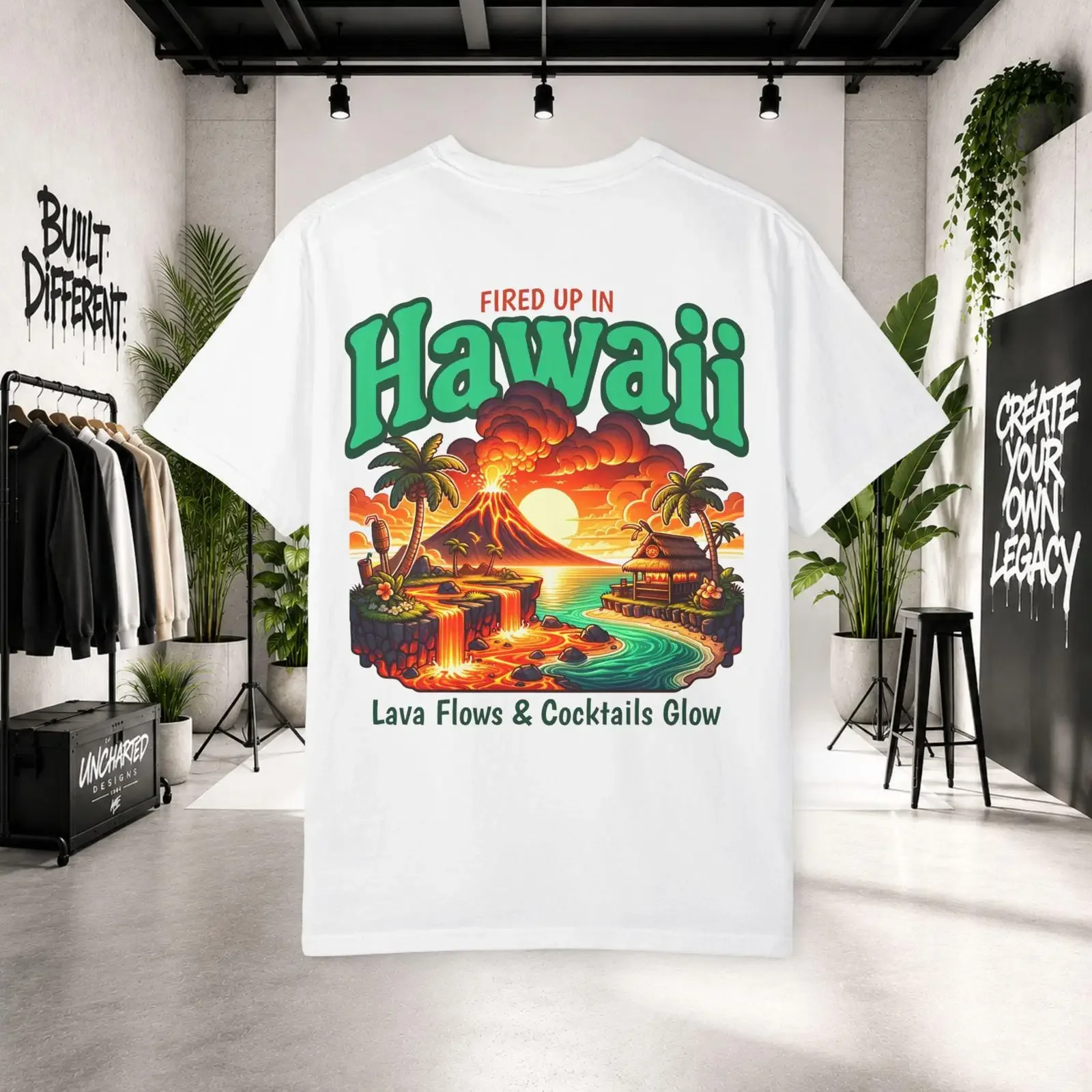 Fired Up In Hawaii Volcano T Shirt Lava Flows Cocktails Glow Hawaiian Vacation Tropical Sunset Beach Casual vintage Washed
