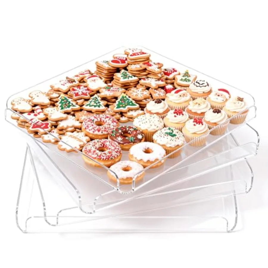 

4 Pcs Premium Acrylic Serving Trays for Party 12 x 12 Heavy Duty Clear Serving Platters and Trays for Food Cupcake Dessert Cook