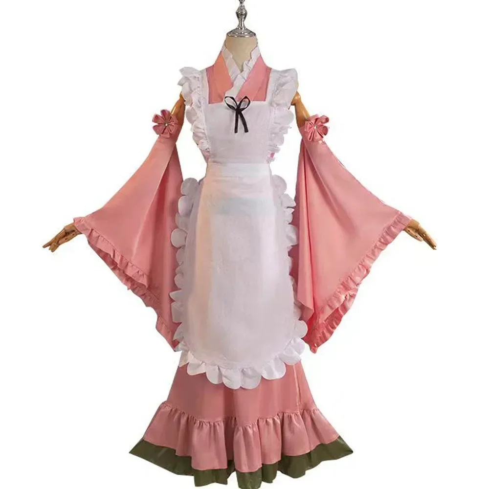 New Mikuu Matcha Sakura Pink Cosplay Costume Parfait Apron Long and Wide Sleeved Dress Girl Kimono Wig Women Birthday Party Gift