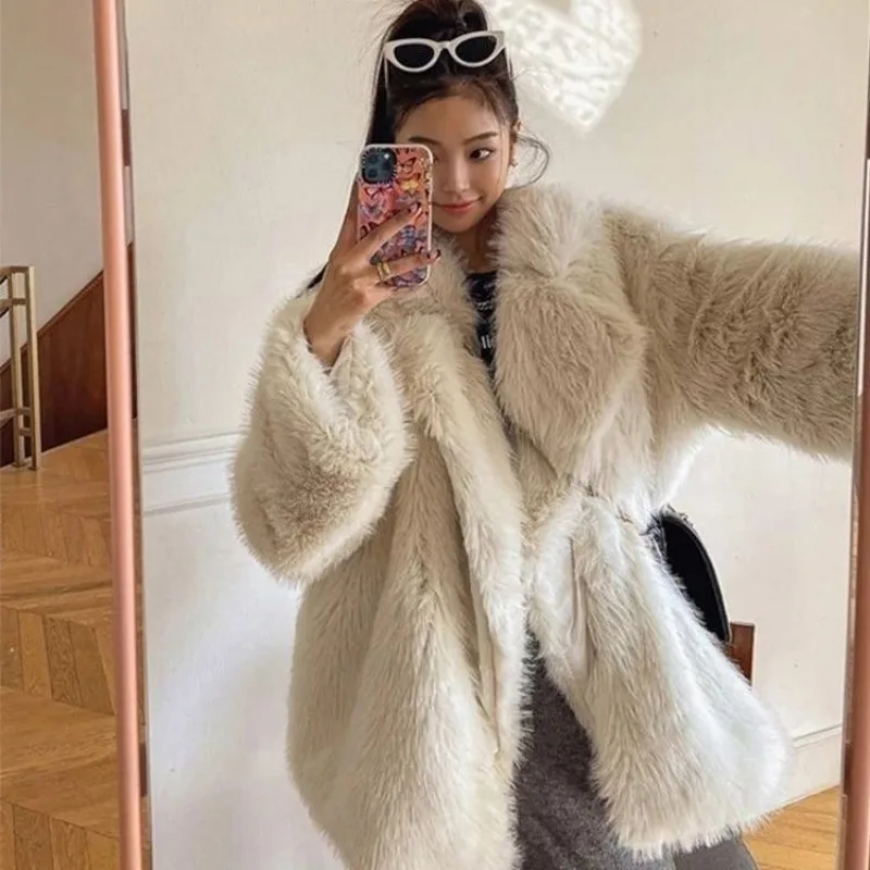 2023 Winter New Women Imitation Fox Fur Jacket Mid-Length Loose Suit Environmental Fur Outcoat Fashion Casual Pure Color Outwear