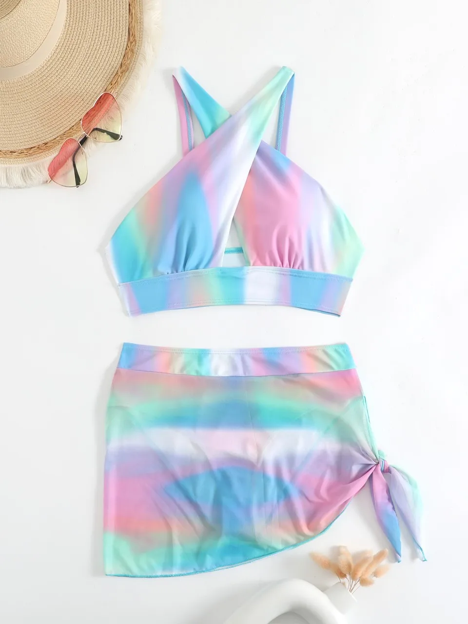 

Crisscross BIkini Swimsuit With Beach Skirt 2025 Women Padded Print Swimwear Summer Female Bathers Bathing Swimming Swim Suit