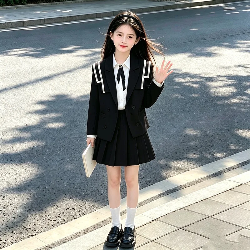 2026 Autumn Winter Girls Kids 2 Piece Child Outfits Teenager Suit Set Slim Blazer Jacket Top + JK Pleated Skirt 4 5 10 12 Year