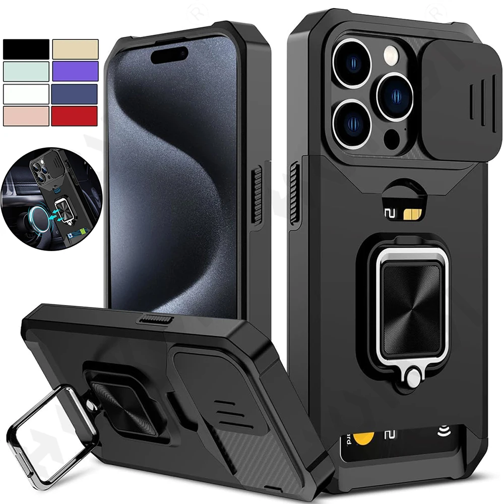 Case For iPhone 15 14 13 12 11 Pro Max XS XR 8 7 Plus Slide Camera Card Holder Slot Duty Wallet Protective With Ring Stand Cover