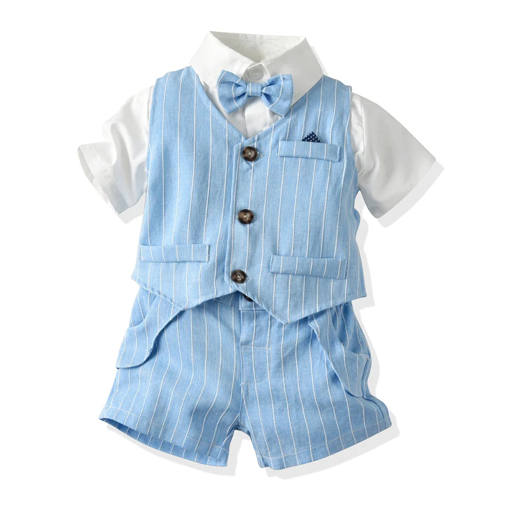 

Top with Shorts Baptism Wedding Birthday Kids Costume Sets Infant British Gentleman Outfit Baby Boys Clothes Suit Bow Tie Vest
