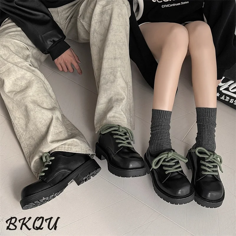 

BKQU Black German Training Big Head Derby Shoes Men's 2025 Spring Thick Sole Increase Casual British Style Round Head Shoes