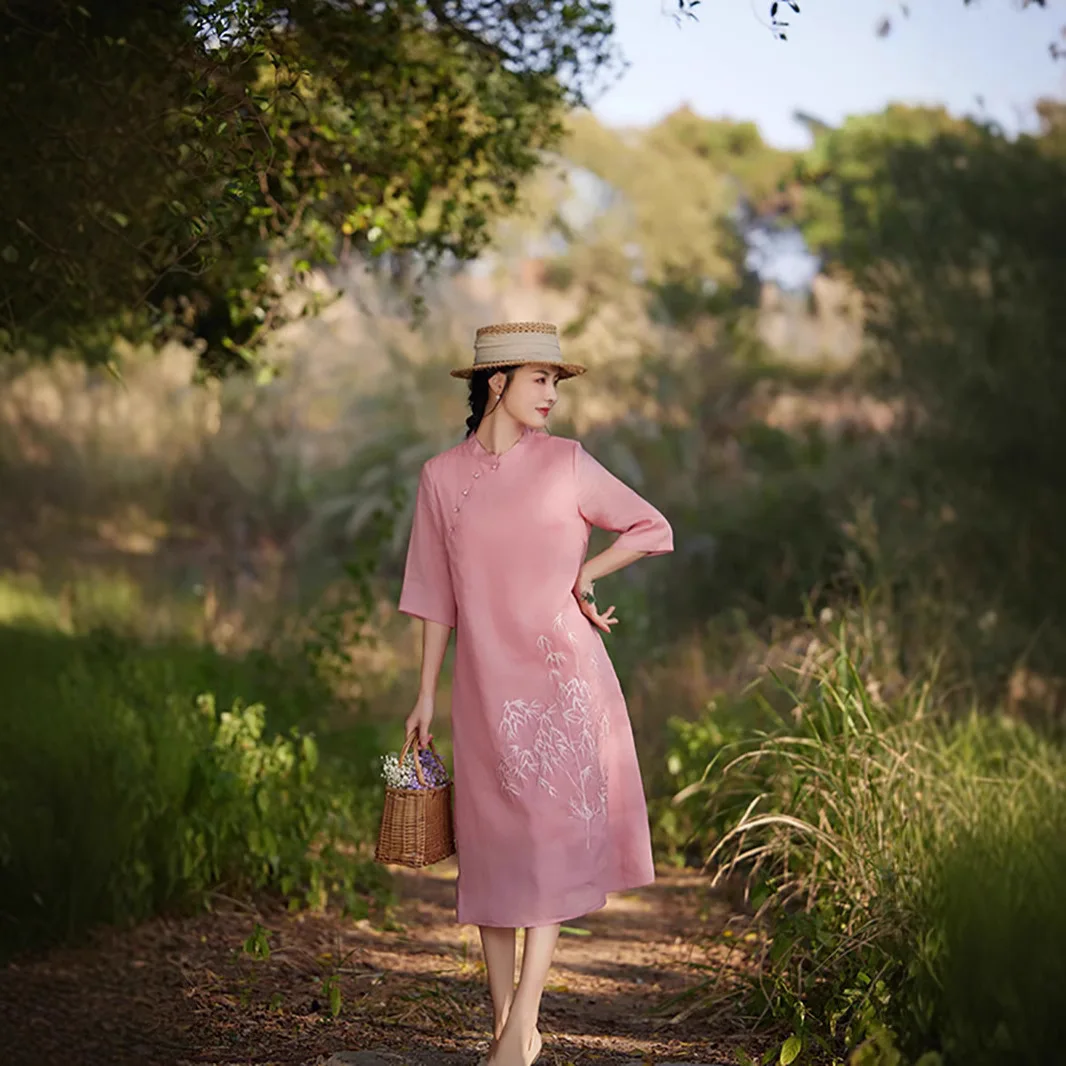 

Ramie dress age-reducing seven-quarter sleeve stand-up collar buckle improved cheongsam fashion casual versatile simple temperam