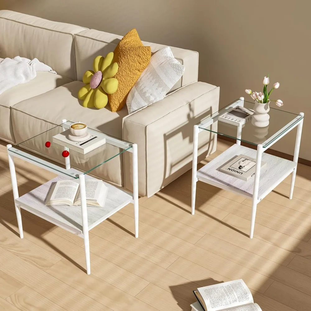 White Contemporary Glass Coffee and End Table Set, 3-Piece Living Room Furniture with Wooden MDF Layer, 39 Rectangular Clear Gla