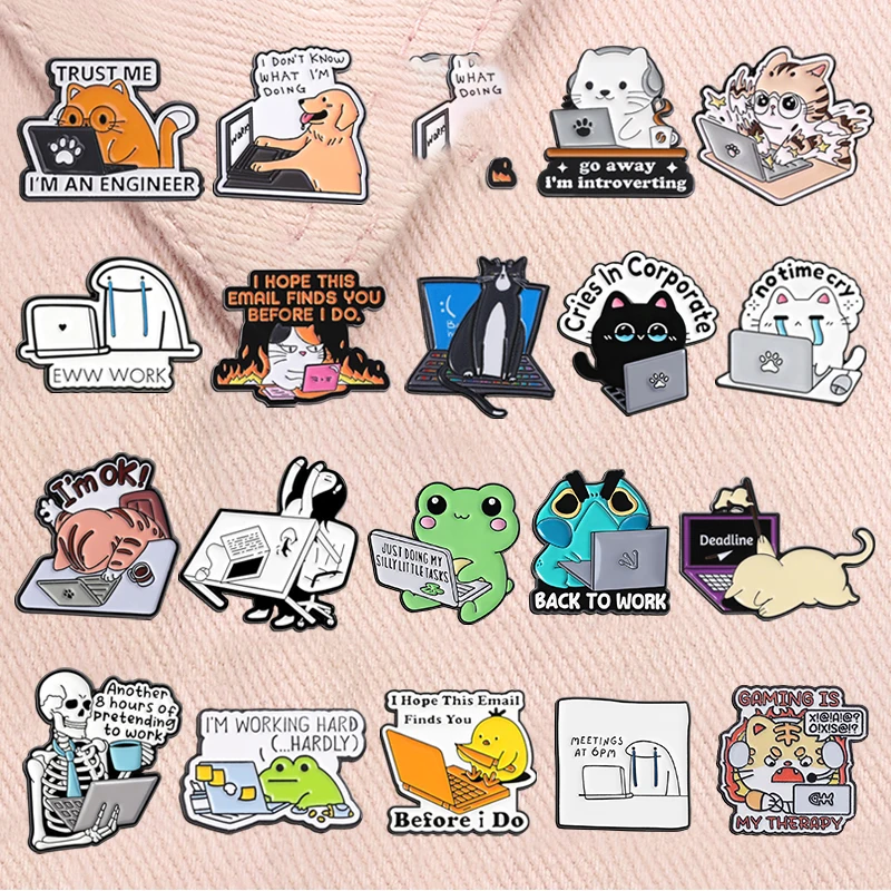 Office Worker Animal Enamel Pins Humor Quotes Angry Office Girl Tired of Working Computer Cat Brooches Lapel Badge Jewelry Gifts