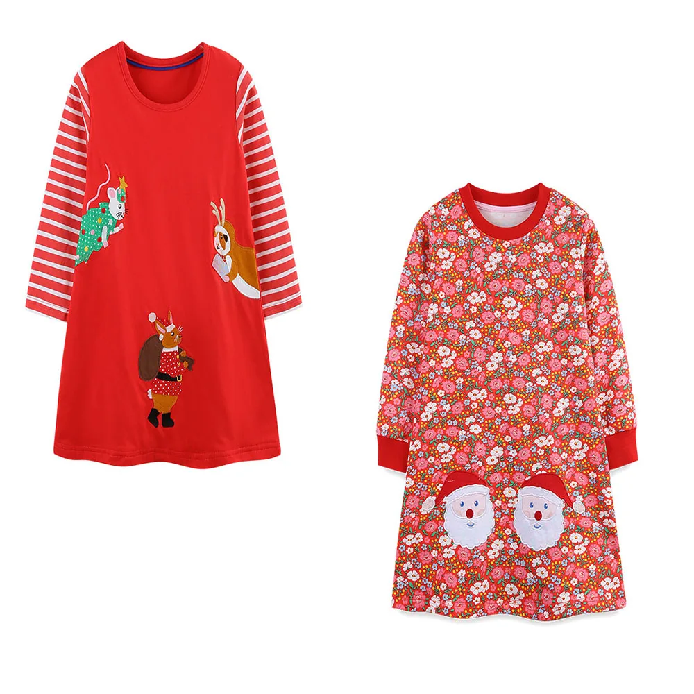 Jumping Meters Autumn Princess Girls Long Sleeve Dress 2-7T Santa Claus Applique Toddler Costume with Dots New Design Baby Cloth