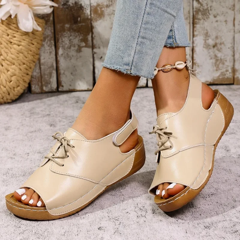 Zapatos de mujer 2025, gran oferta, sandalias de mujer con cordones delanteros, sandalias de moda con punta abierta, informales de verano de talla grande, nuevas y cómodas sandalias de cuña