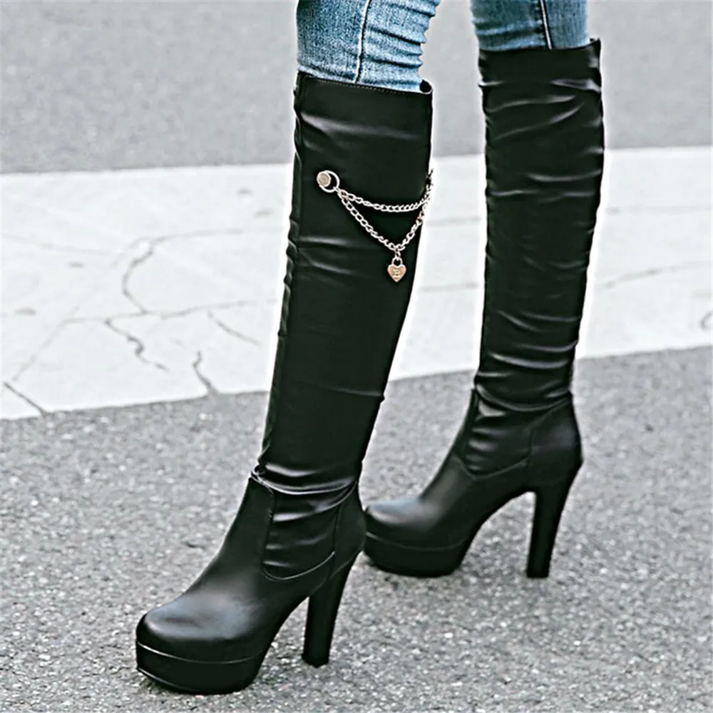 2024 Autumn Winter Knee High Boots Women Fashion Pink White Black Stiletto Heel Long Booties Ladies Chain Platform Boats Mujer