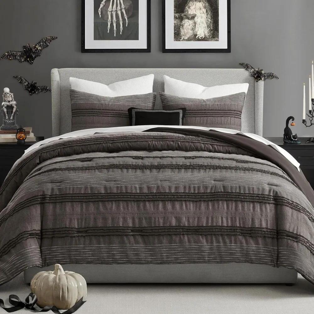 

Dark Grey Comforter Set King Size, Yarn Dyed Farmhouse Striped Cotton Lightweight Boho Comforter with Pillow Shams