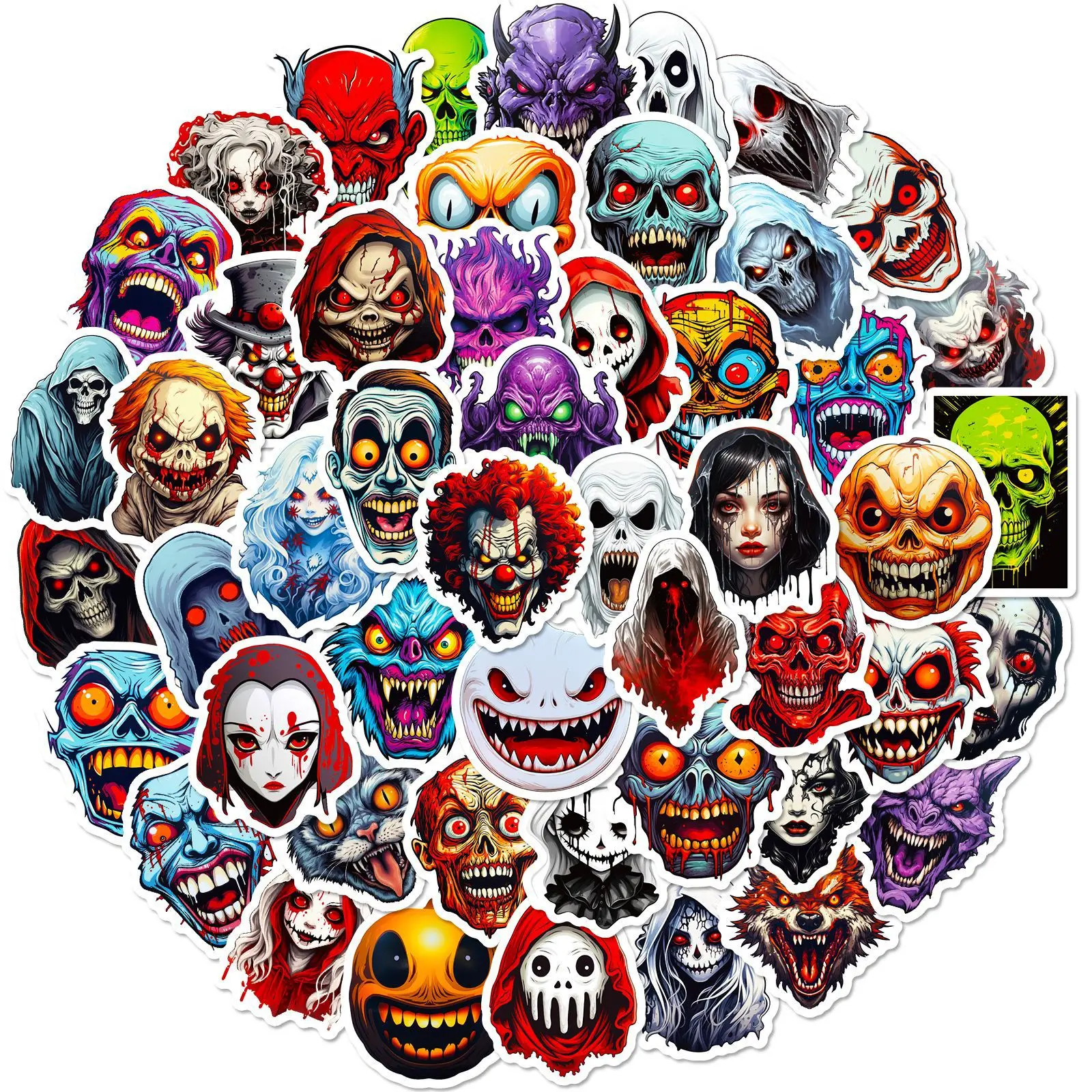 50pcs Horror Ghost Face Graffiti Sub-Horror Skull Halloween Spoof Scene Layout Suitcase Skateboard Helmet Waterproof Sticker