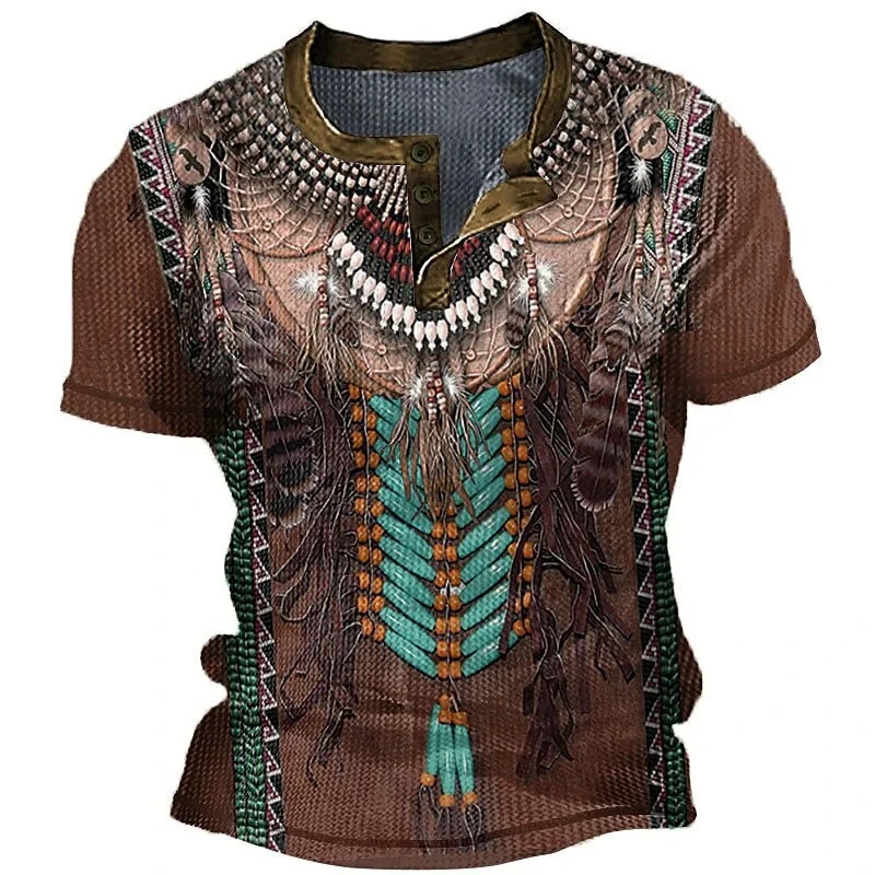 Indian Henley Shirts Ethnic Style 3D Print Streetwear Men's Vintage Button-Down Short Sleeve T Shirt Man Male Tees Tops Clothing