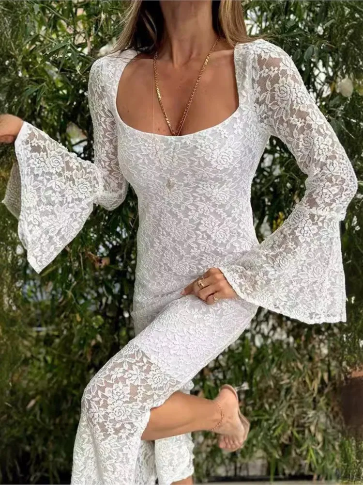 

Spring Autumn New Sexy Slim Dresses Elegant Women Hollow Out Dress Fashion Solid Flare Sleeves Vacation Style Lace Beach Vestido