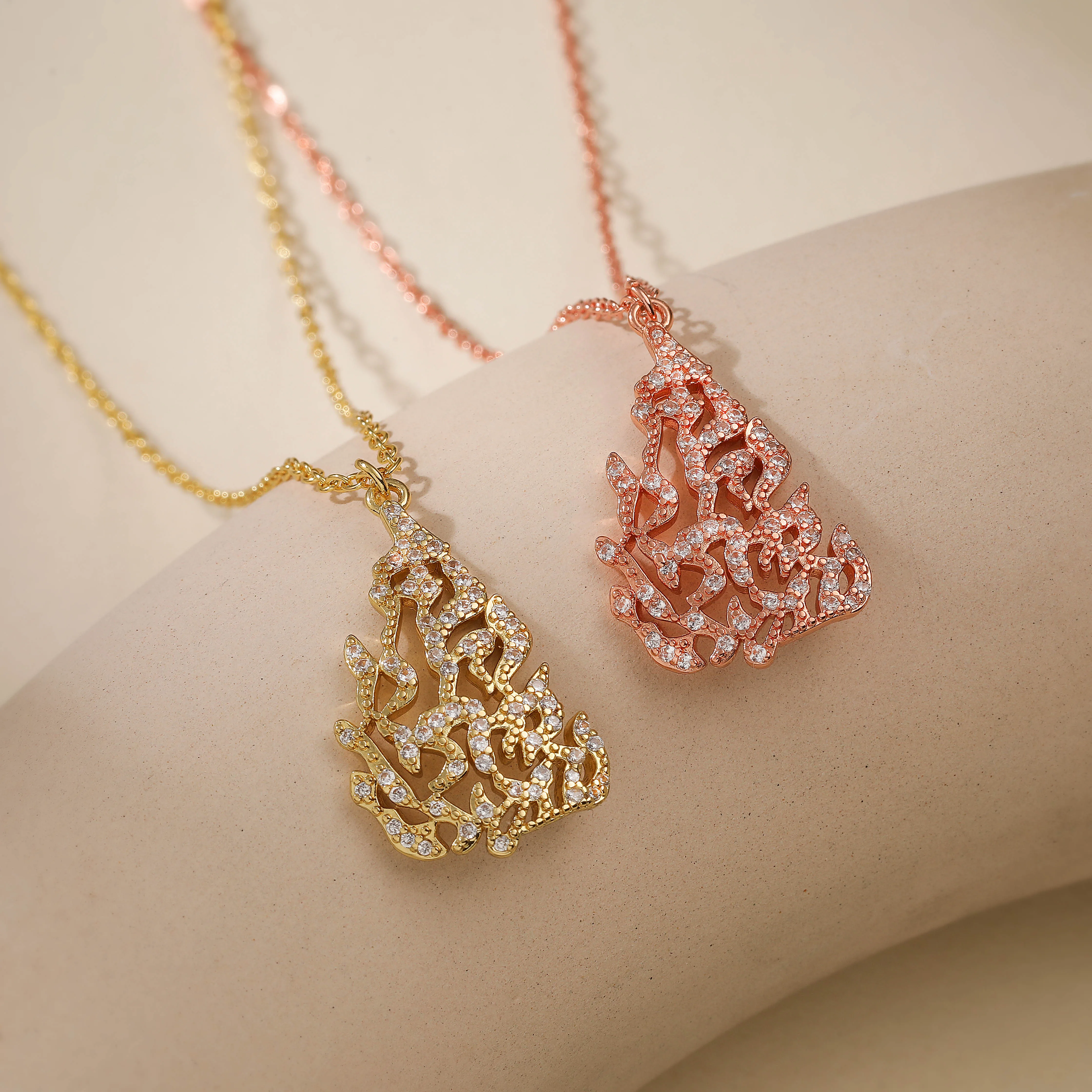 Rose Gold Hollow Flame Hebrew Symbol Necklace, Sparkling Crystal My Soul Fire Charm Necklace, Minimalist Amulet Jewelry Gift