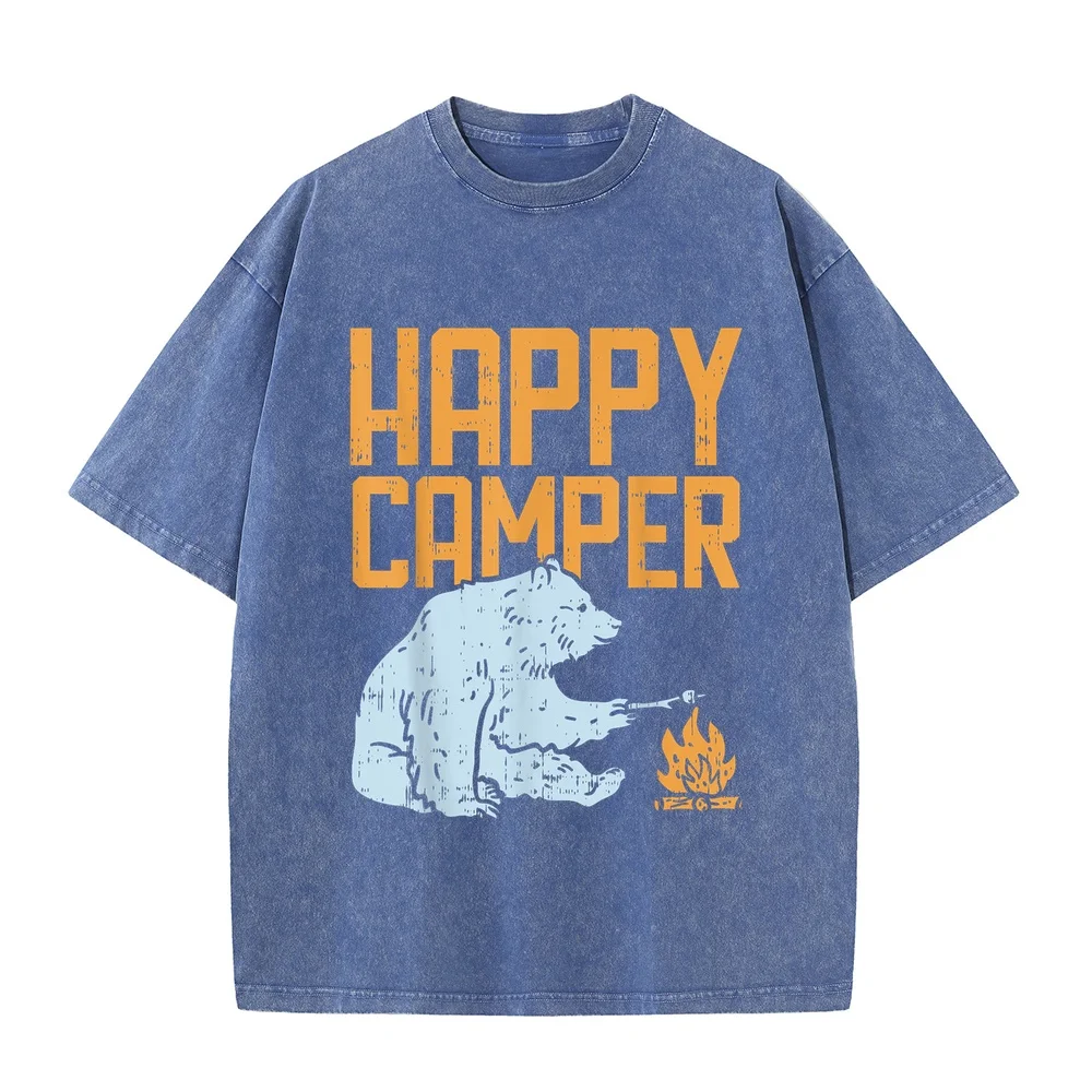 Happy Camper Bear Vacation Hiking Camp Campfire Camping Gift T-Shirt 남자 T Shirt Heren Breathable Unisex Tee Cat Lover Graphic