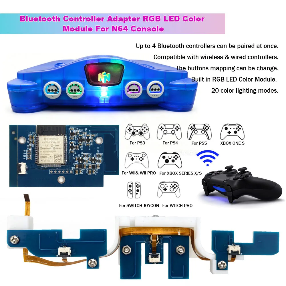 adaptateur-interne-sans-fil-ibluecontrolmod-pour-manette-n64-module-led-rgb-couleur-pour-console-n64