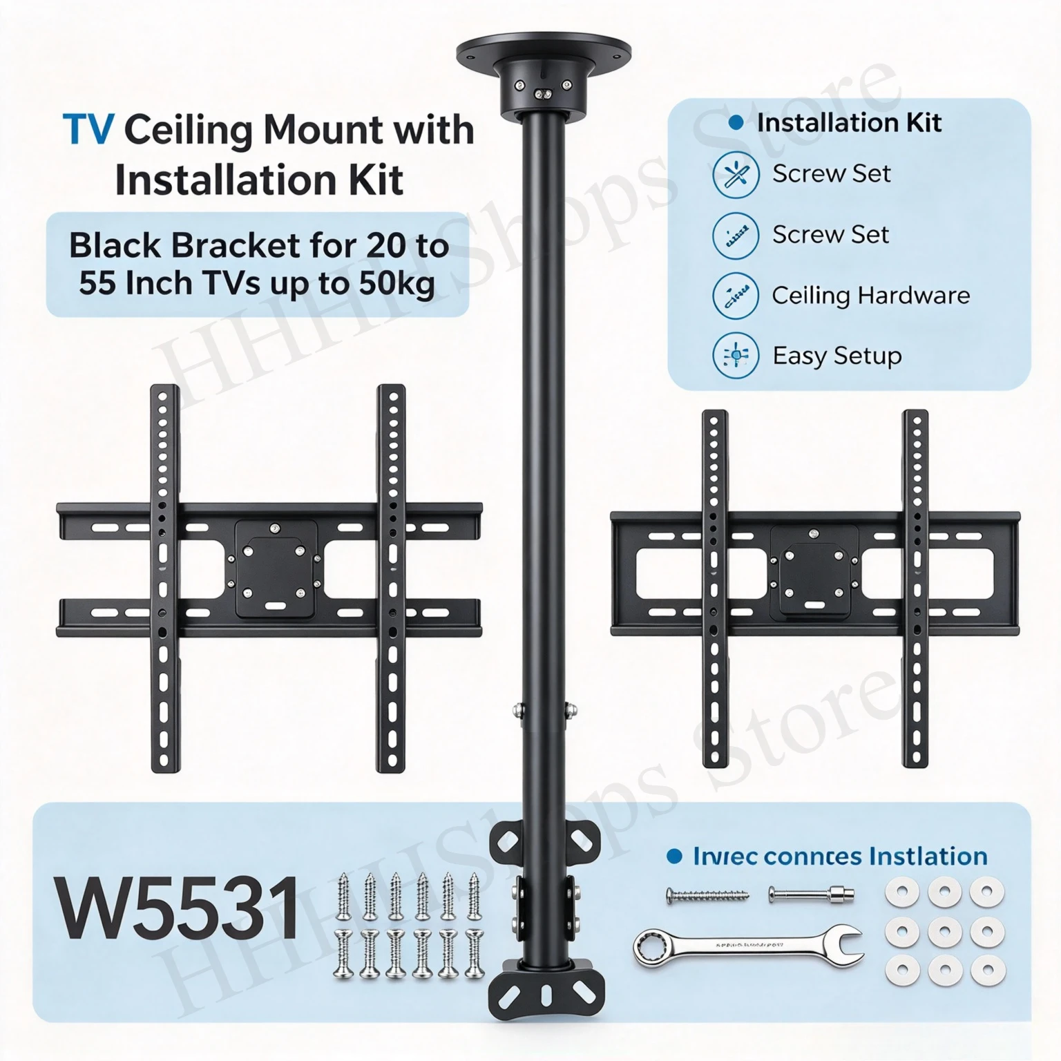 Soporte de techo para televisión con altura ajustable, de 60 a 90 cm, para televisores de 20 a 55 pulgadas, con capacidad máxima de 50 kg, compatible con el estándar VESA, soporte resistente para televisión.