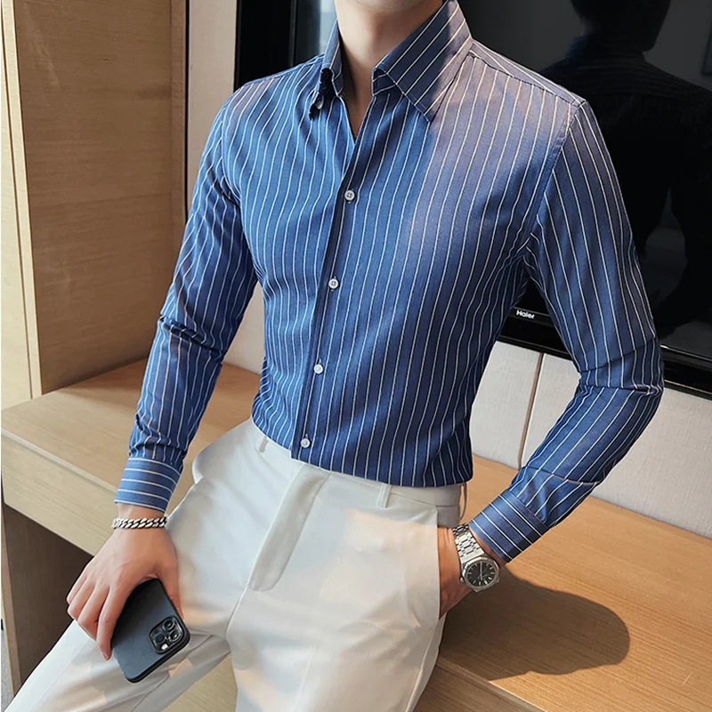 British Style Slim Fit Striped Shirts Mens Long Sleeved Business Formal Shirts Streetwear Formal Social Party Clothing Hommes