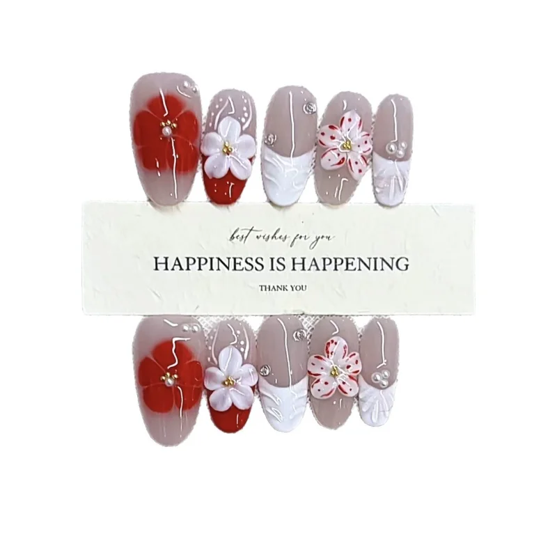 

Pure hand-worn nail red smudge engraving hand-painted smudge engraving French high-end temperament nail patch