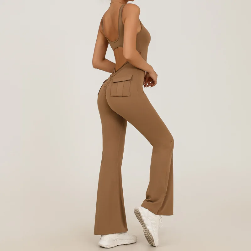 Tute da yoga senza cuciture con tasche Sport Fitness Backless Skinny svasato Abbigliamento da allenamento in un unico pezzo Body da palestra per donna