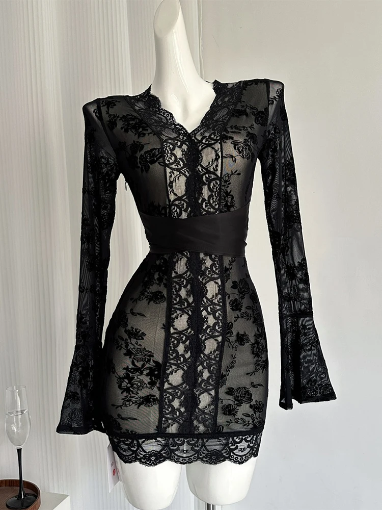 Women\'s Patchwork Bodycon Evening Dress Vintage Long Sleeve V-Neck Luxury  Mini Lace Dresses Y2k One Piece Frocks 2000s Clothes
