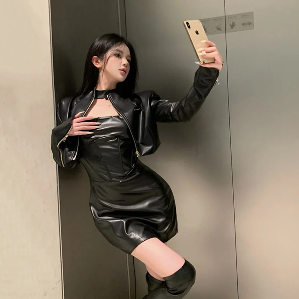 2024 Autumn High Street PU Leather Zipper Cropped Jacket + Sexy Slim Halter Sleeveless Dress Women Casual Leather Two-piece Suit