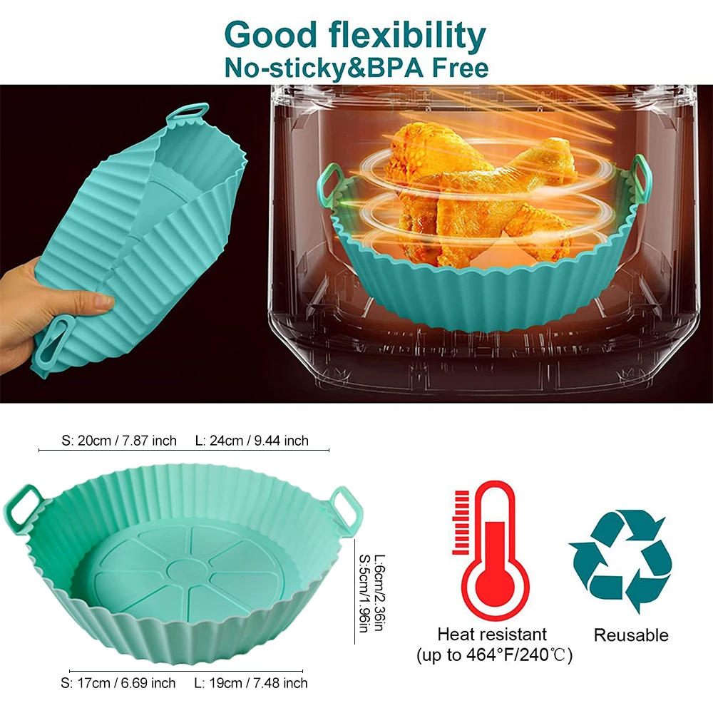 24/20cm Silicone Air Fryer Baking Basket Round Liner Reusable Airfryers Tray Pizza Plate Fried Chicken Oven Grill Pan Mat Access