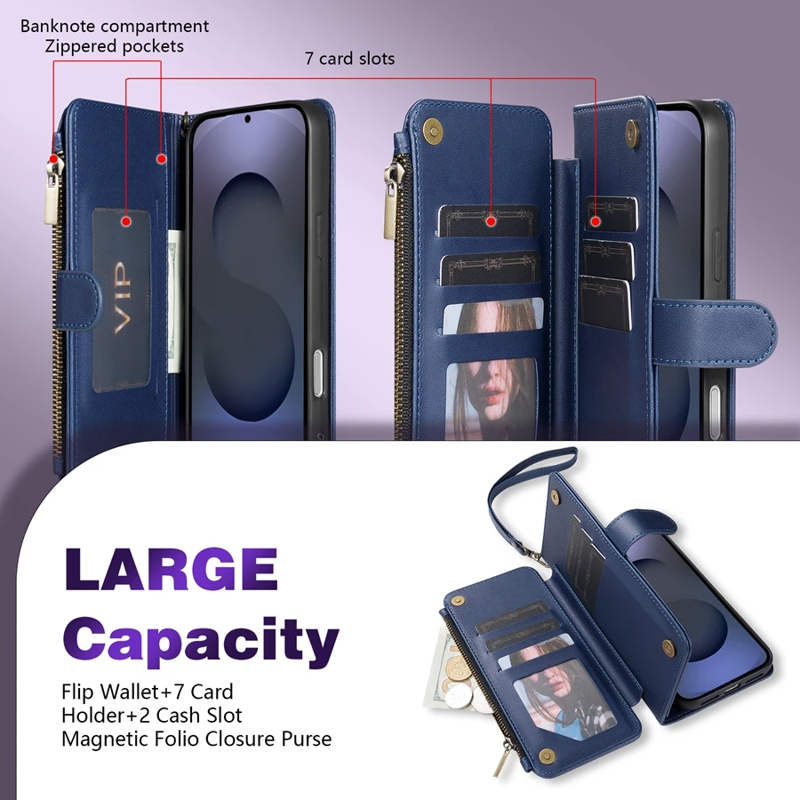Brieftaschen-Hülle mit Mehrfach-Kartenfächern, Reißverschluss, Standfunktion und Magnetverschluss aus Leder für Samsung Galaxy S26 Ultra S25 FE S24 Plus S23 S22 S21 S20 – Detail 13